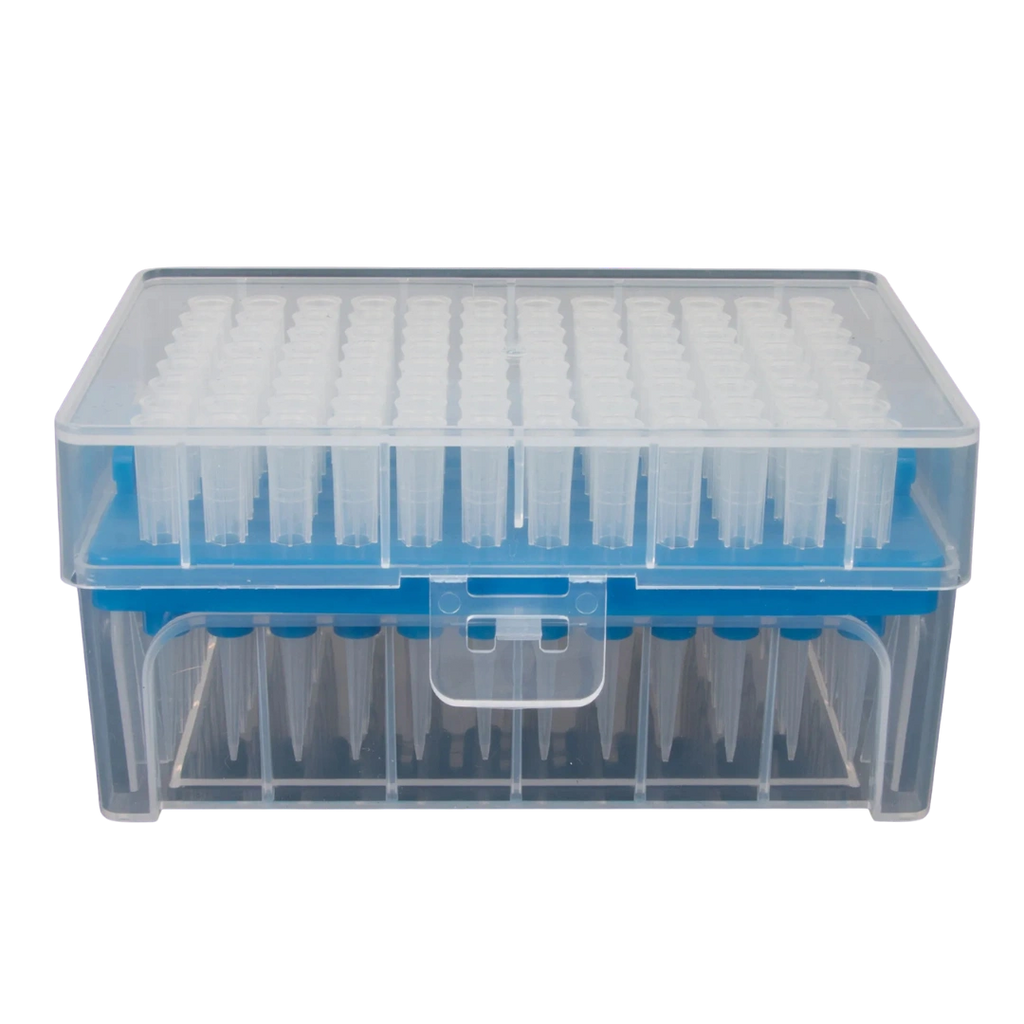 10-100ul Micropipettor Tips,"Clear pipette tip rack with blue insert and hinged lid"