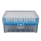 10-100ul Micropipettor Tips,"Clear pipette tip rack with blue insert and hinged lid"