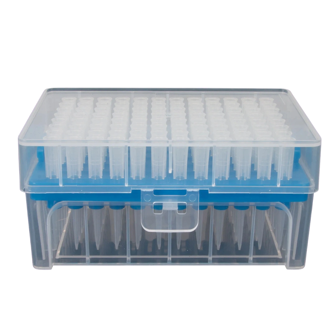 10-100ul Micropipettor Tips,"Clear pipette tip rack with blue insert and hinged lid"