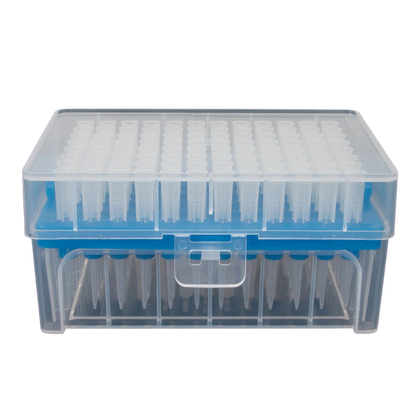 10-100ul Micropipettor Tips,"Clear pipette tip rack with blue insert and hinged lid"