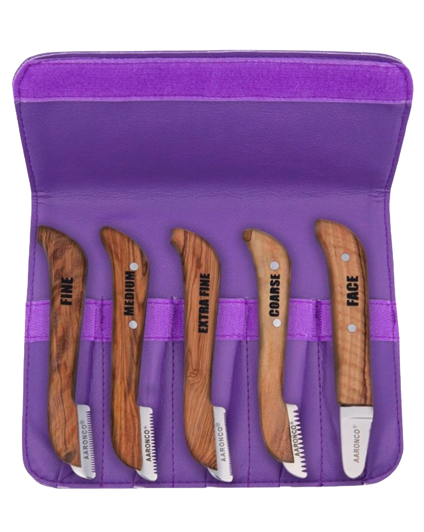 Aaronco Set of 5 Stripping Knife,"Five wooden stripping knives in purple storage pouch"