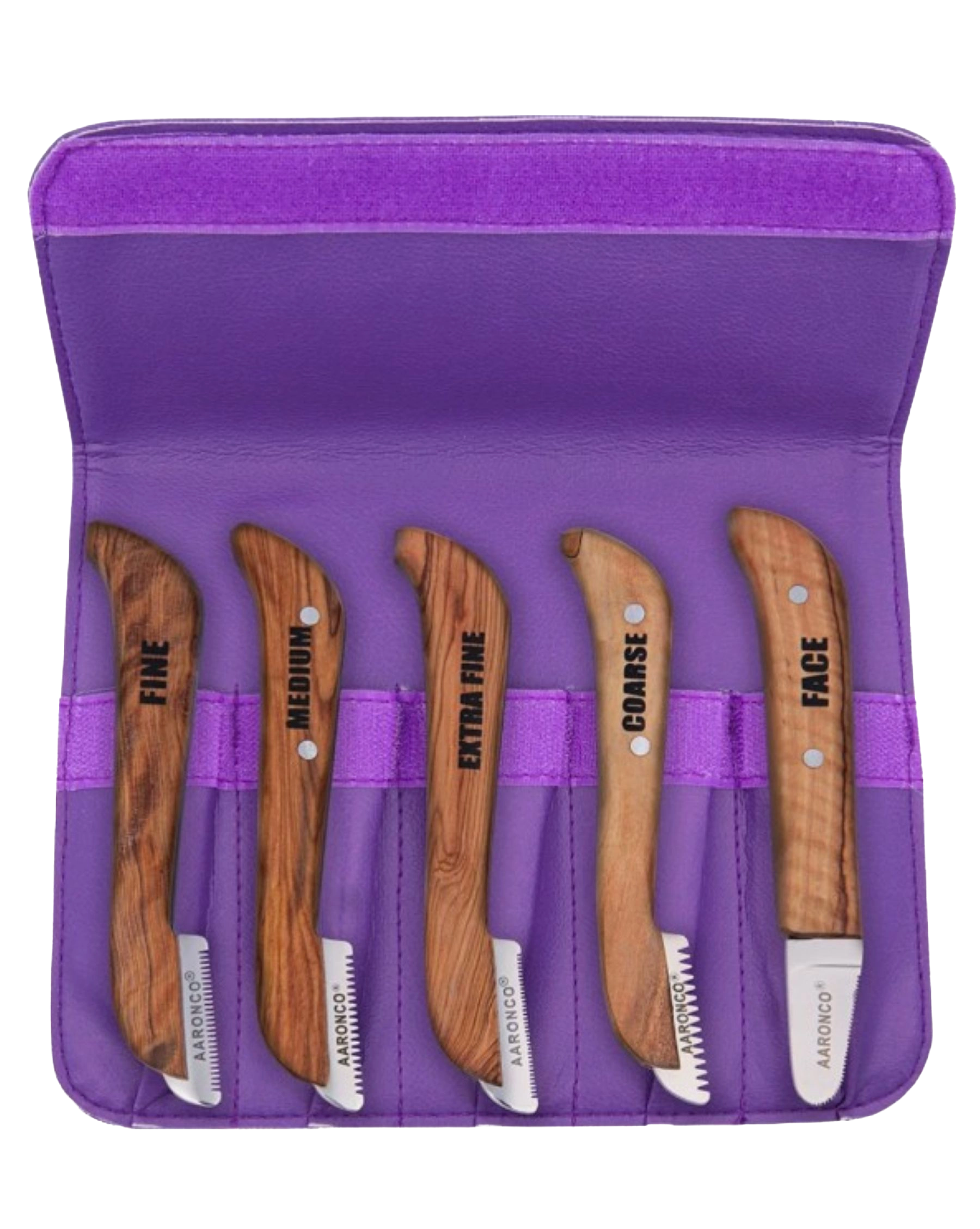 Aaronco Set of 5 Stripping Knife,"Five wooden stripping knives in purple storage pouch"