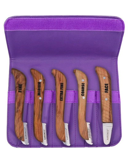 Aaronco Set of 5 Stripping Knife,"Five wooden stripping knives in purple storage pouch"