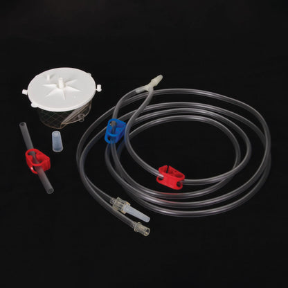 EZ Way Filter with Tubing,"Round filter chamber with clear tubing and red and blue clamps"
