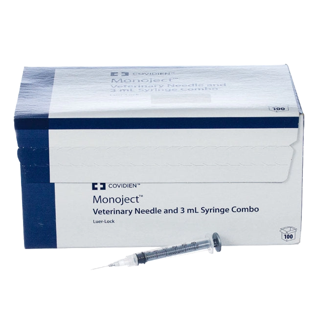 3cc MonoJect™ Syringes with 25 gauge Needles,"Box with single syringe and attached needle"