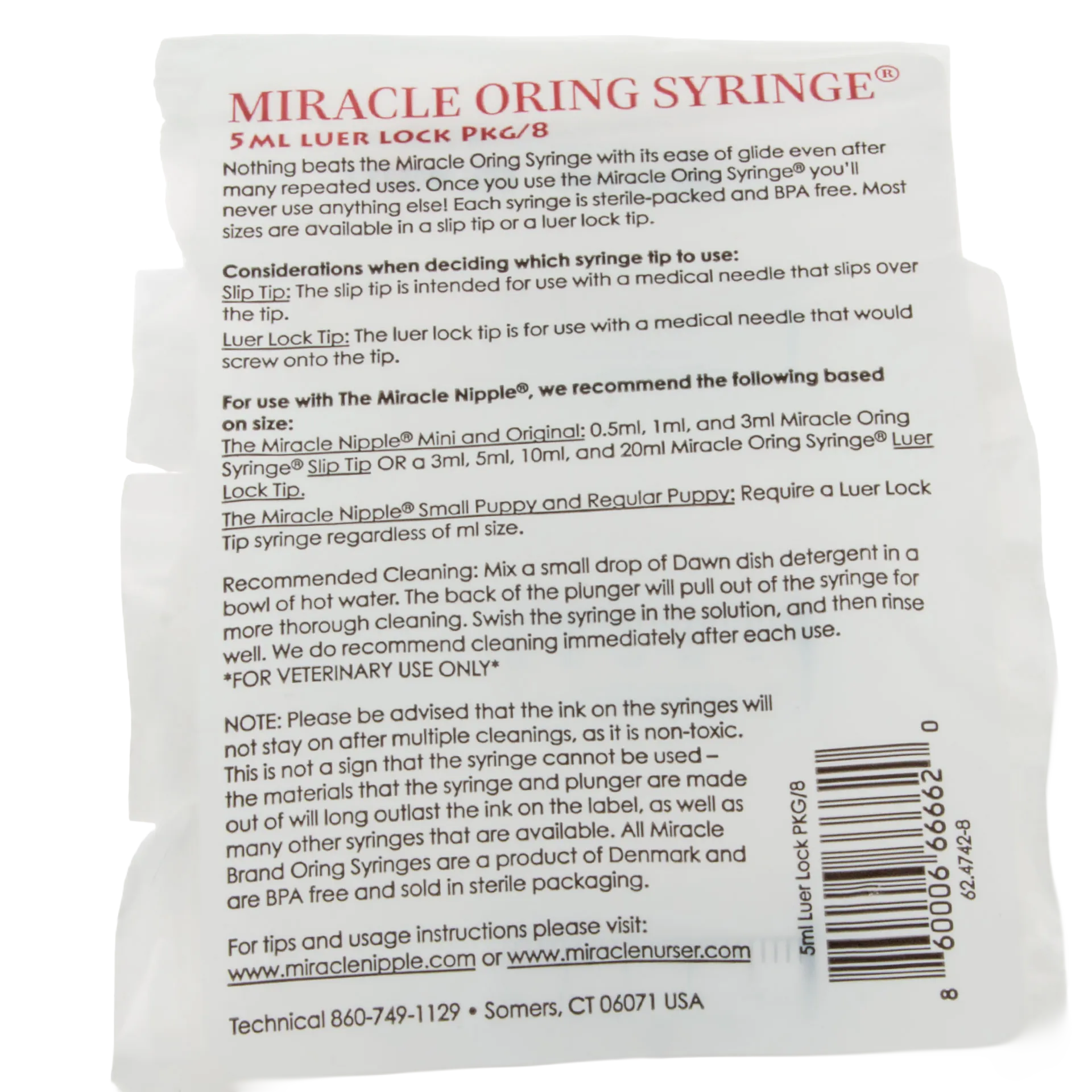 Miracle Nipple O-ring Syringe,"Back of syringe package with barcode visible"