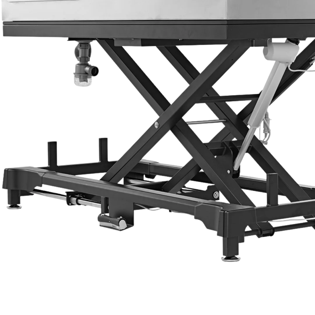 Dog Grooming Electric Tub with Sliding Door by Waggz,"Black scissor-lift tub base with foot pedal and drain pipe"