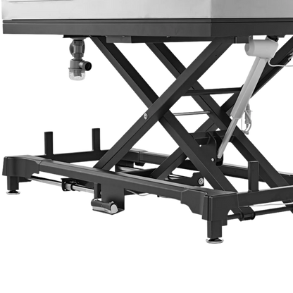 Dog Grooming Electric Tub with Sliding Door by Waggz,"Black scissor-lift tub base with foot pedal and drain pipe"