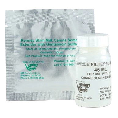 Kenney Skim Milk Canine Semen Extender Kit,"Foil pouch and white plastic vial"