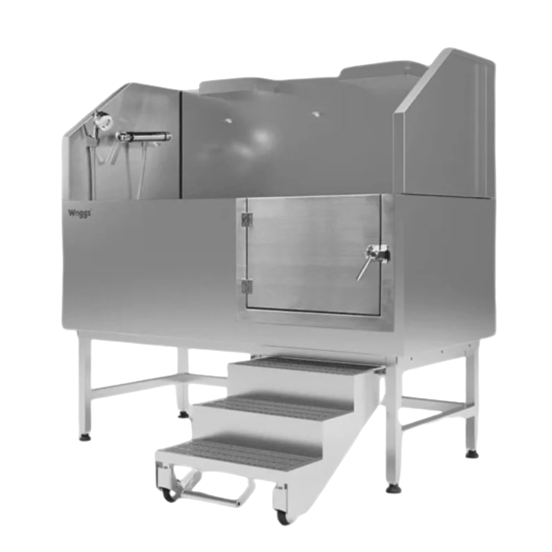 Dog Grooming Stational Tub with Lift-up Door Silver by Waggz,"Silver grooming tub with front door and pull-out steps"