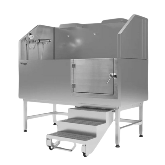 Dog Grooming Stational Tub with Lift-up Door Silver by Waggz,"Silver grooming tub with front door and pull-out steps"