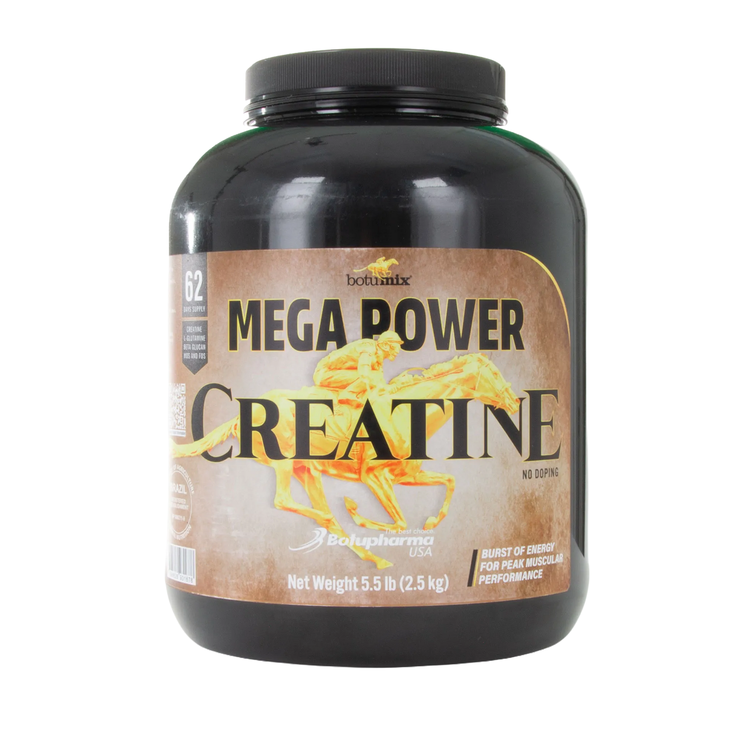Mega Power Creatine Botumix Supplement,"Black supplement tub with brown front label"