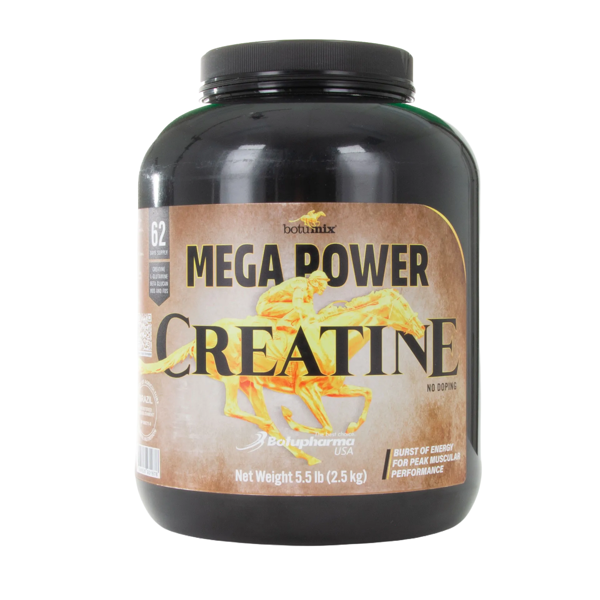 Mega Power Creatine Botumix Supplement,"Black supplement tub with brown front label"