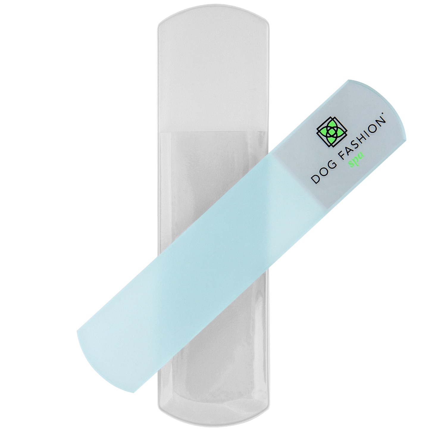 Glass Nail File,"Light blue glass nail file with clear plastic sleeve"