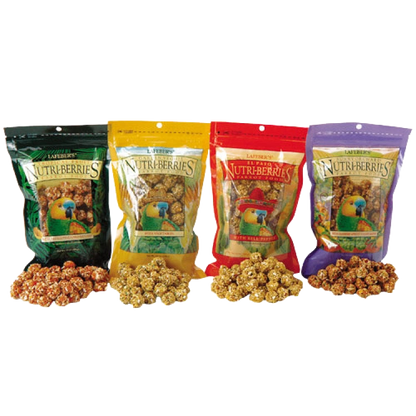 Lafeber Gourmet Nutri-Berries Variety Packs,"Four assorted treat bags with piles of round berries"