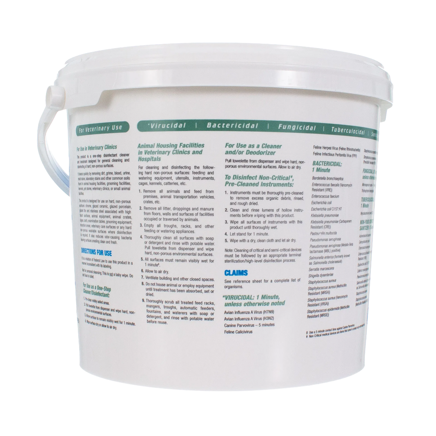 Rescue®  Disinfectant Cleaner,"White lidded wipes bucket with side handle and back label view"