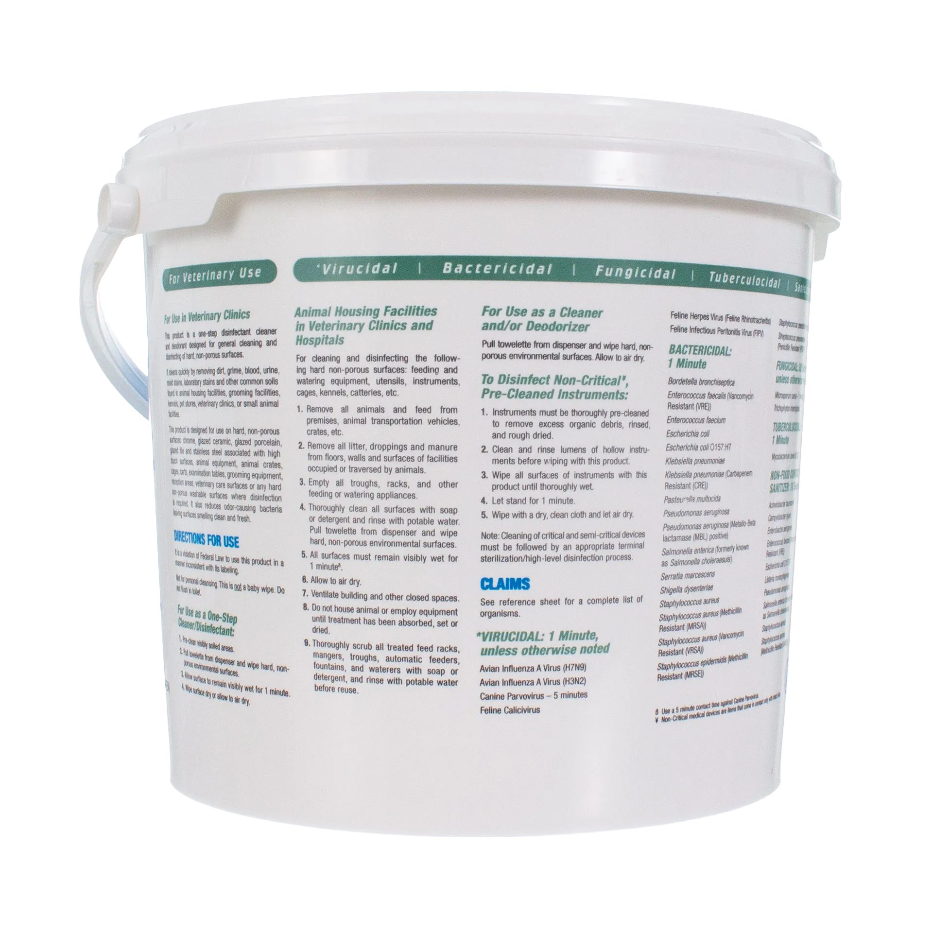 Rescue®  Disinfectant Cleaner,"White lidded wipes bucket with side handle and back label view"