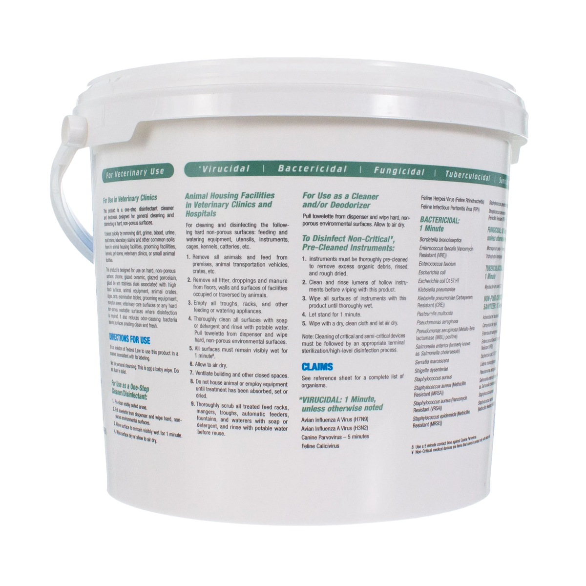 Rescue®  Disinfectant Cleaner,"White lidded wipes bucket with side handle and back label view"