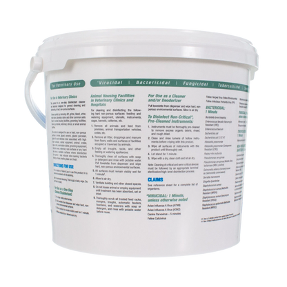Rescue®  Disinfectant Cleaner,"White lidded wipes bucket with side handle and back label view"