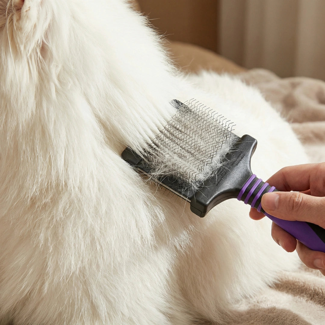 Dematting Extra Firm Slicker Brush,"Slicker brush grooming long white pet fur with loose hair on bristles"