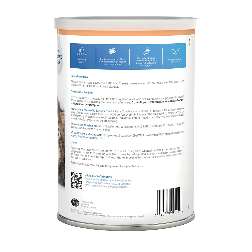 KMR®,"Back of powdered milk replacement can with feeding directions"