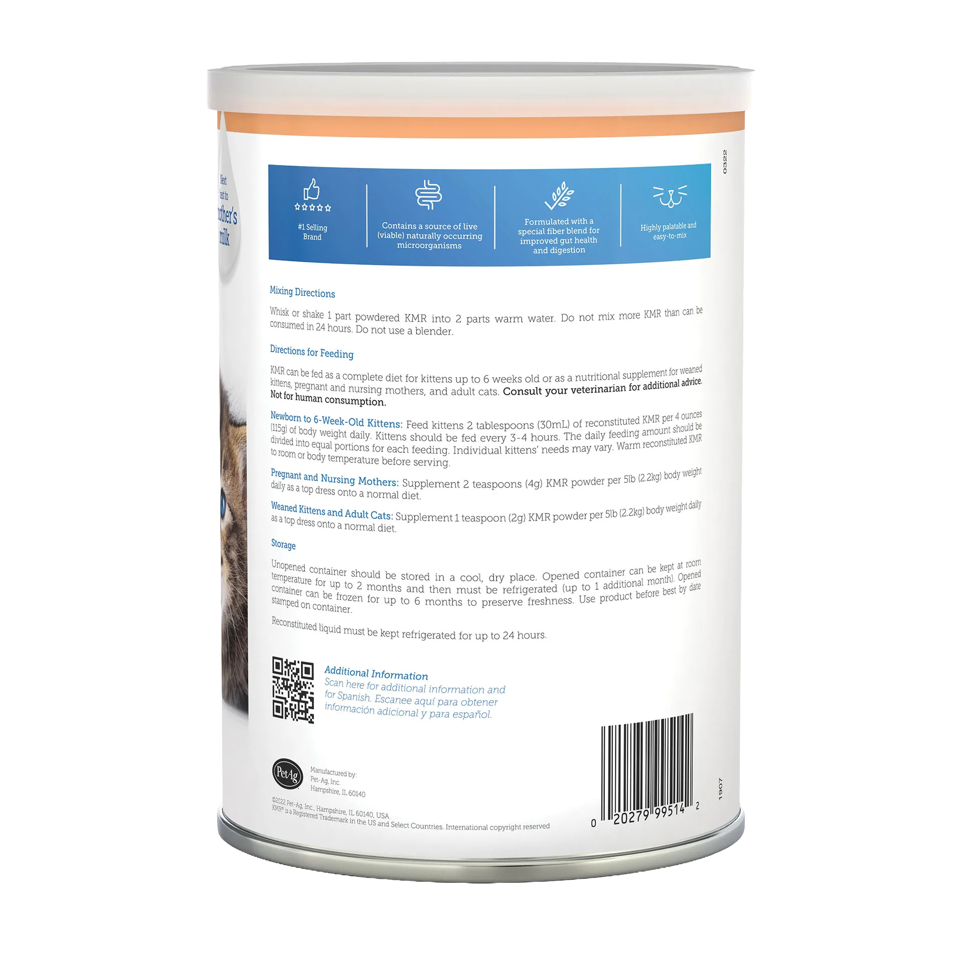 KMR®,"Back of powdered milk replacement can with feeding directions"