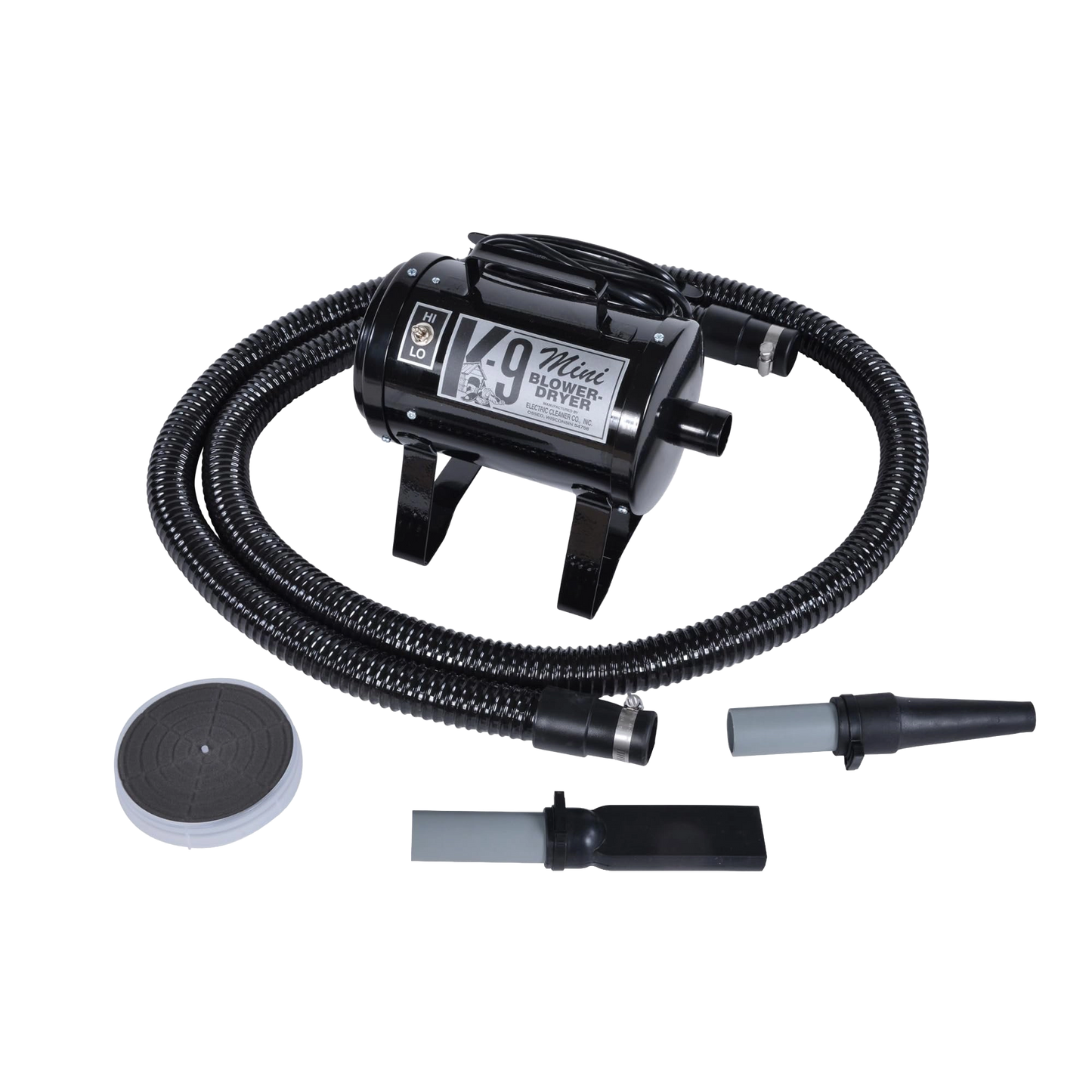 Mini K-9 Dog Dryer,"Black pet dryer with hose, two nozzles, and round filter"