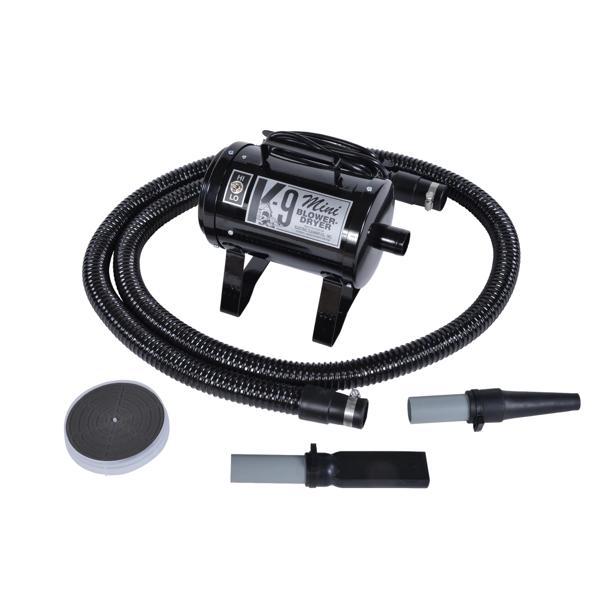 Mini K-9 Dog Dryer,"Black pet dryer with hose, two nozzles, and round filter"