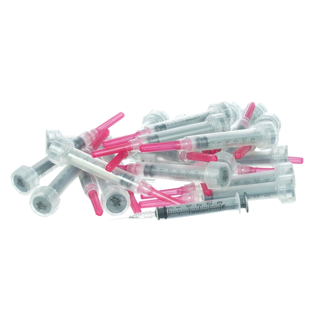 3cc MonoJect™ Syringes with 25 gauge Needles,"Pile of clear syringes with pink needle caps"