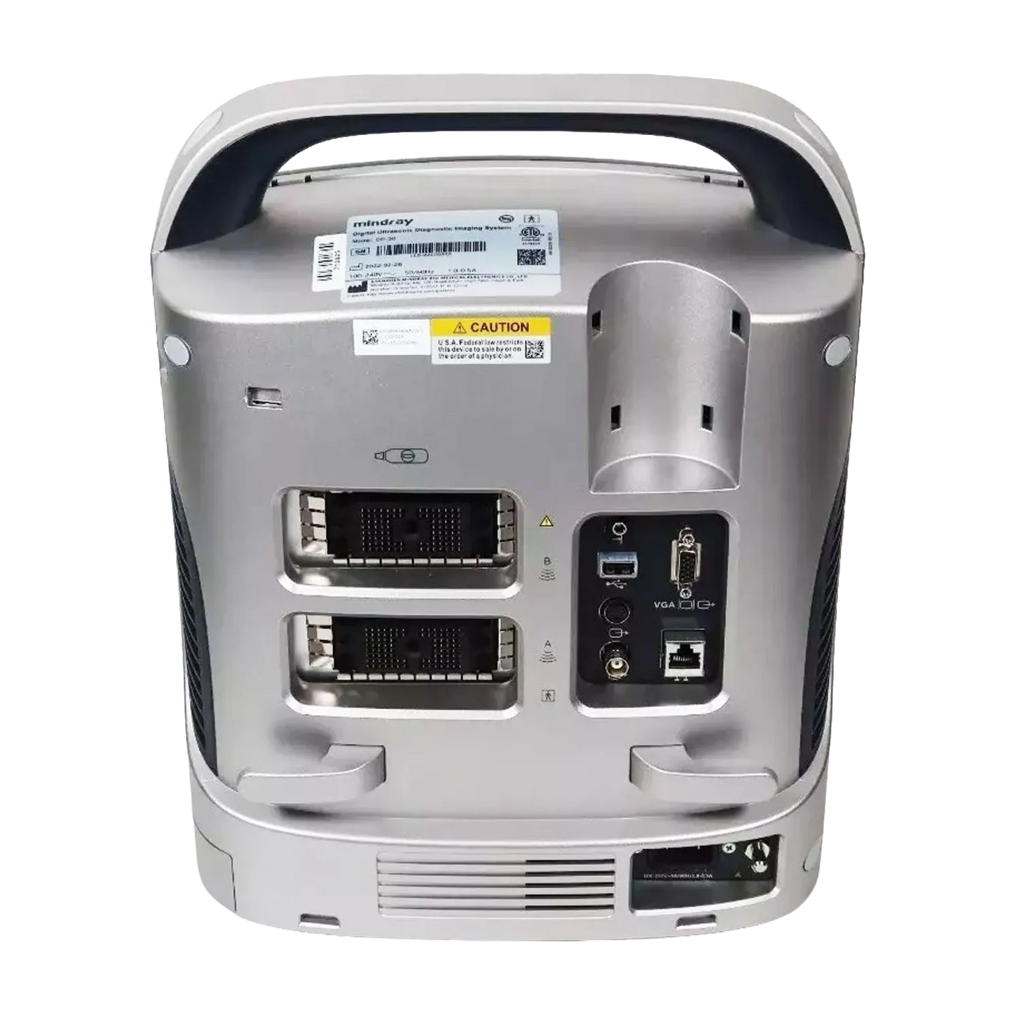 Equisound DP30 Portable Equine Ultrasound,"Rear view of portable ultrasound unit with handle and connection ports"