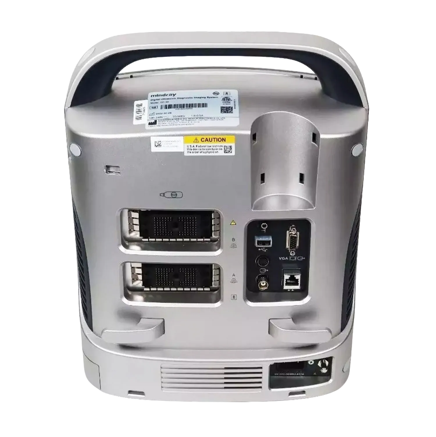Equisound DP30 Portable Equine Ultrasound,"Rear view of portable ultrasound unit with handle and connection ports"