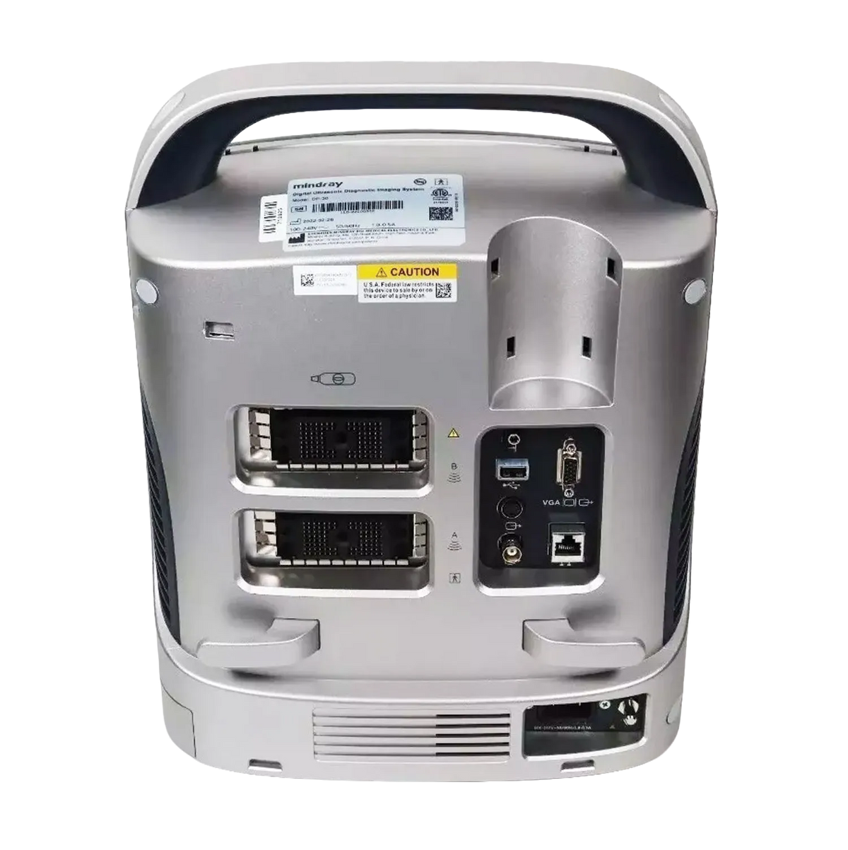 Equisound DP30 Portable Equine Ultrasound,"Rear view of portable ultrasound unit with handle and connection ports"