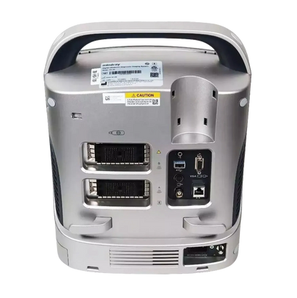 Equisound DP30 Portable Equine Ultrasound,"Rear view of portable ultrasound unit with handle and connection ports"