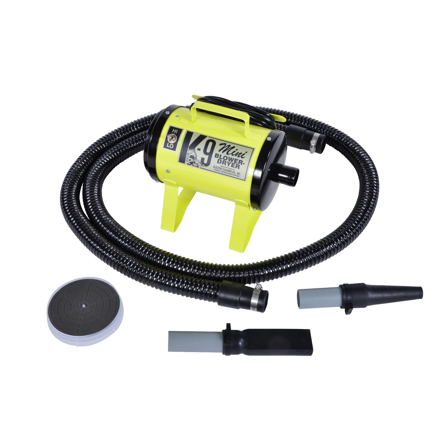 Mini K-9 Dog Dryer,"Yellow blower dryer with hose and three nozzle attachments"