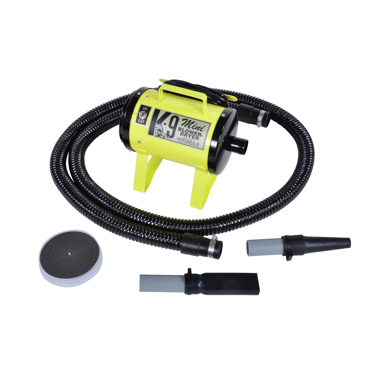 Mini K-9 Dog Dryer,"Yellow blower dryer with hose and three nozzle attachments"