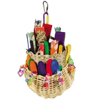 Foraging Basket,"Woven basket filled with colorful bird toy accessories"