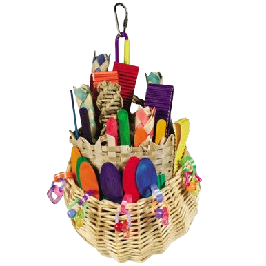 Foraging Basket,"Woven basket filled with colorful bird toy accessories"