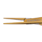 "Aaronco 3.5"" Mini Stat Straight Ear Hair Puller and Tick Remover","Close-up of gold straight tweezer tips with serrated jaws"