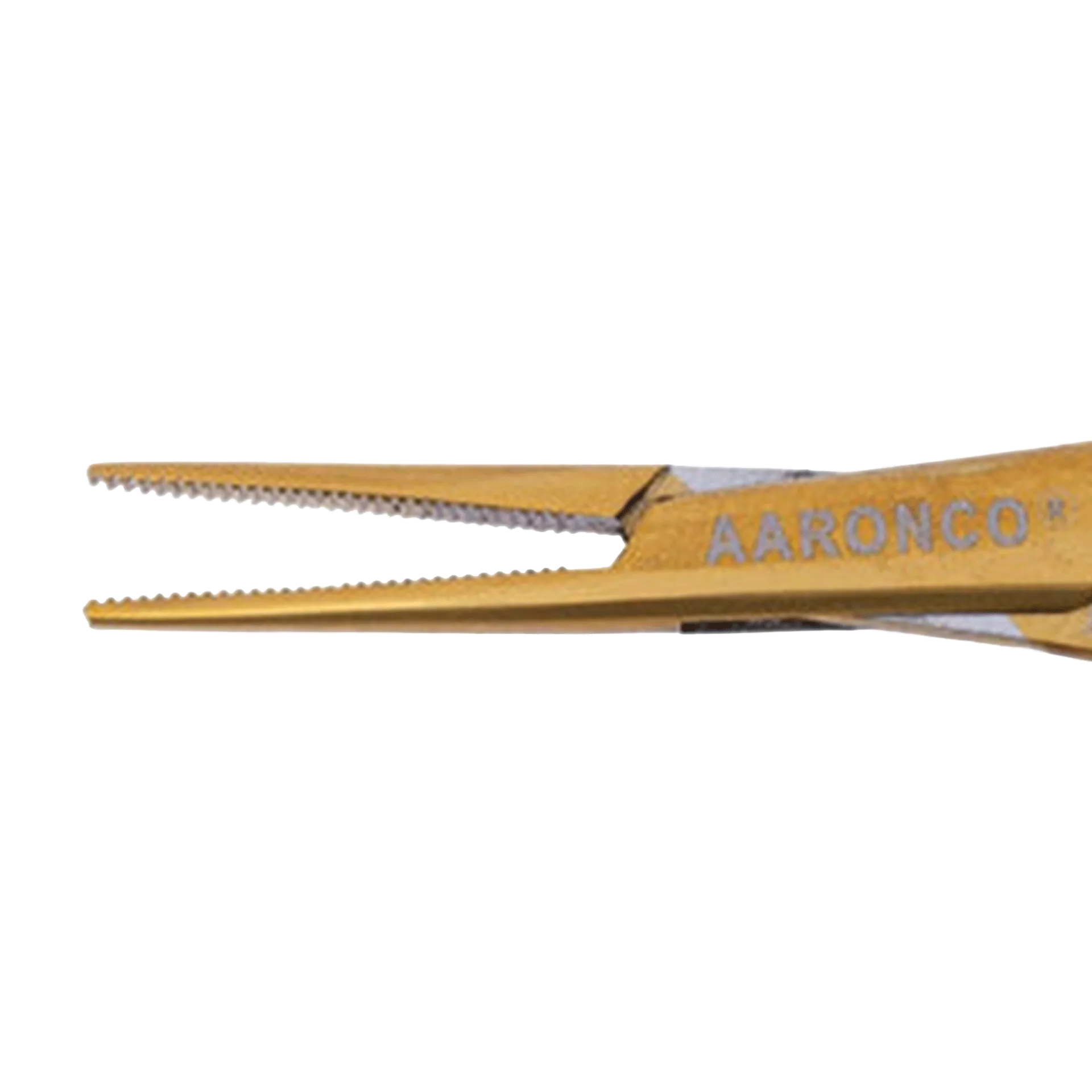 "Aaronco 3.5"" Mini Stat Straight Ear Hair Puller and Tick Remover","Close-up of gold straight tweezer tips with serrated jaws"