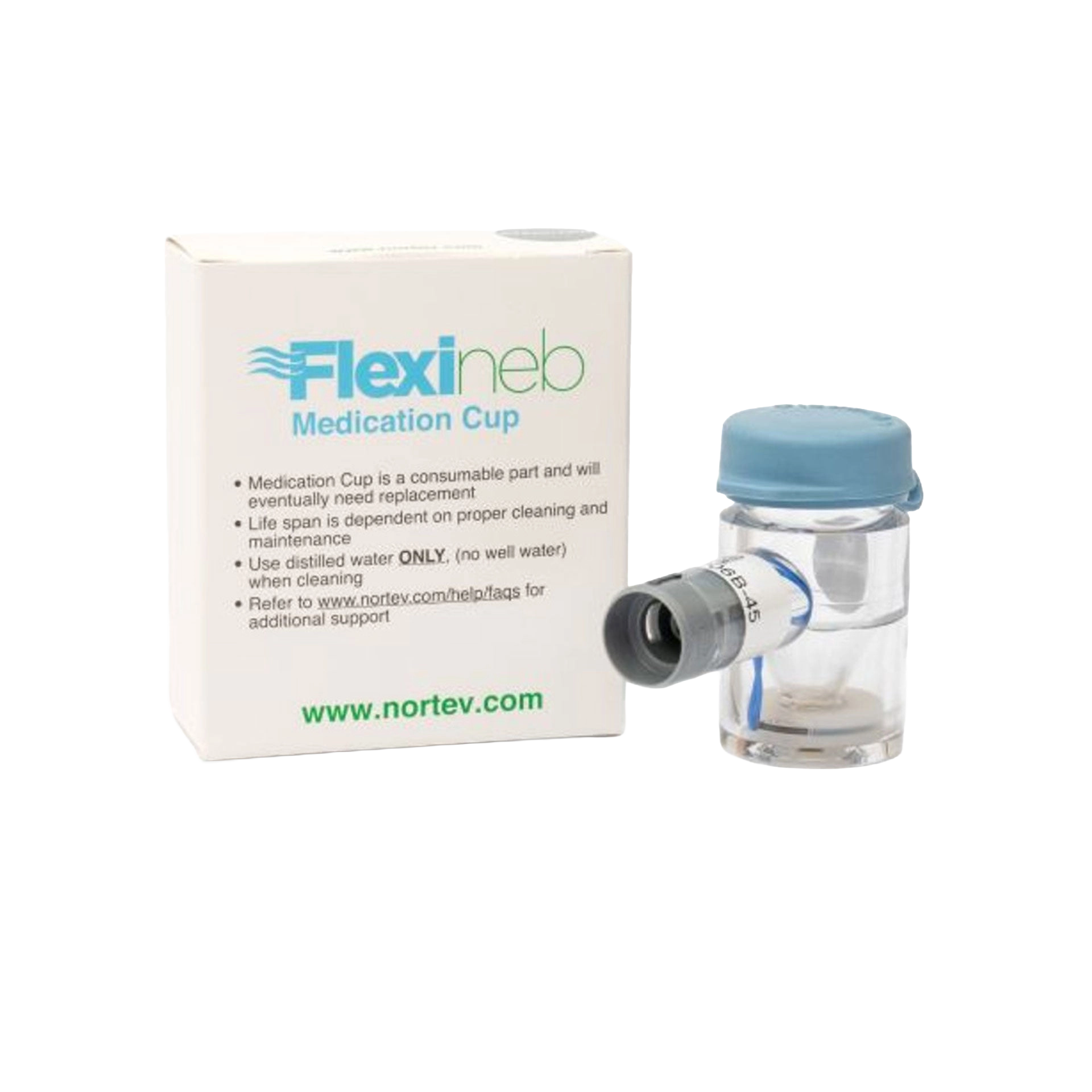 Flexineb® Medium Medication Cup,"Clear medication cup with blue cap and side connector beside box"