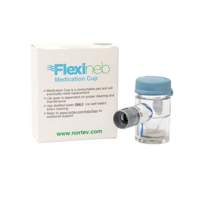 Flexineb® Medium Medication Cup,"Clear medication cup with blue cap and side connector beside box"