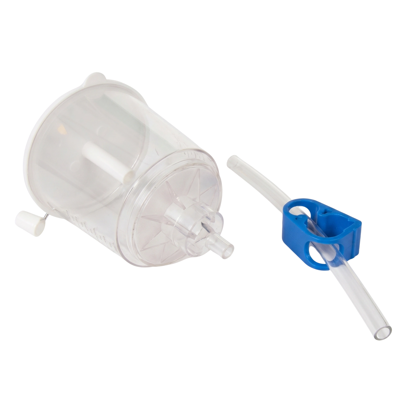 High Flow Filter,"Clear cylindrical filter with attached tube and blue clamp"