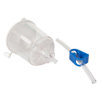 High Flow Filter,"Clear cylindrical filter with attached tube and blue clamp"