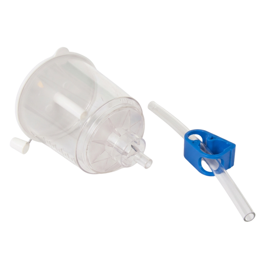 High Flow Filter,"Clear cylindrical filter with attached tube and blue clamp"
