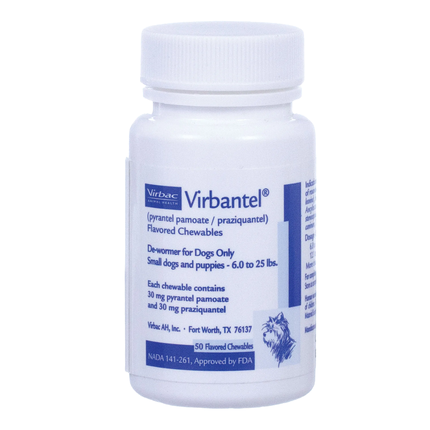Virbantel® Flavored Chewables,"White plastic bottle with blue label, front view"