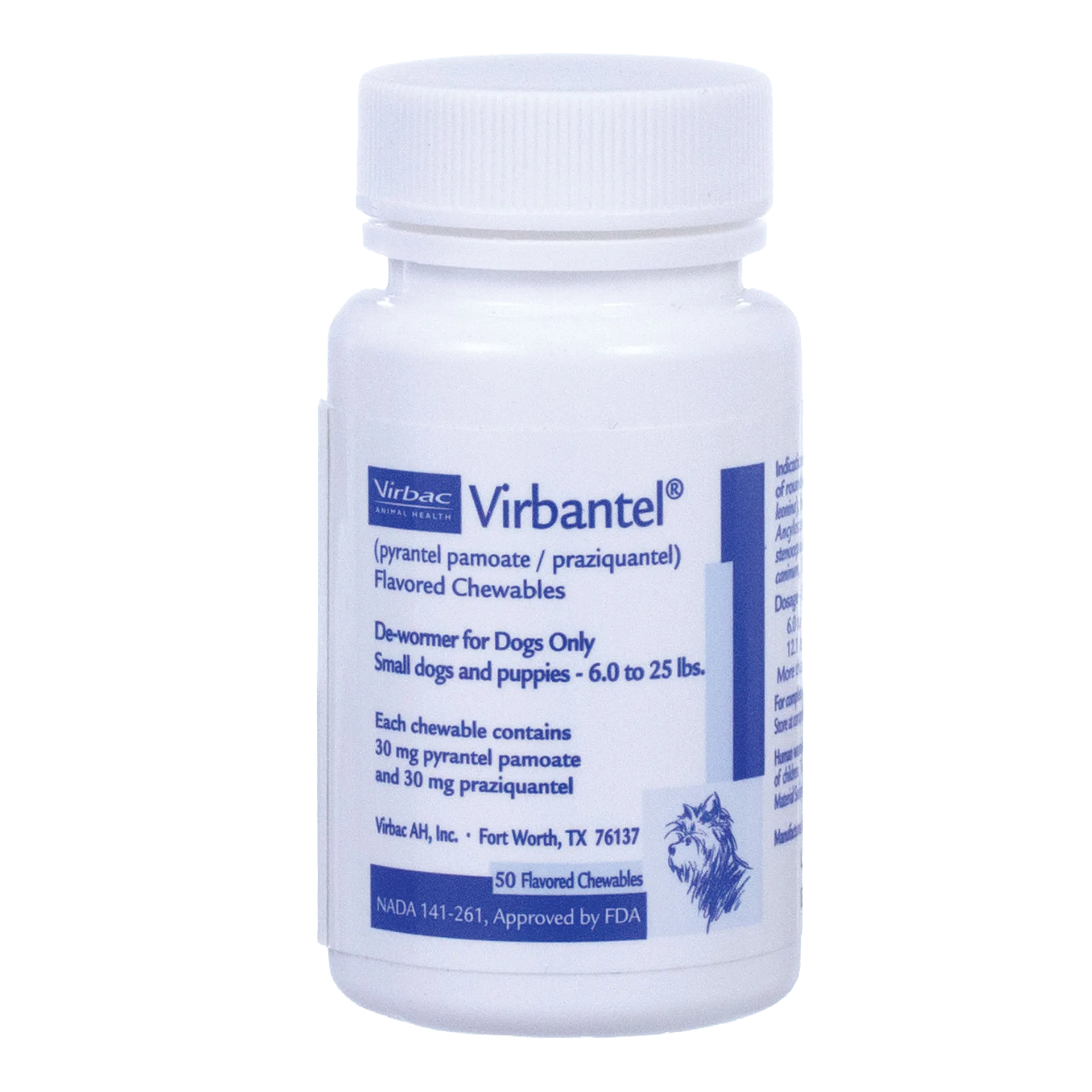 Virbantel® Flavored Chewables,"White plastic bottle with blue label, front view"