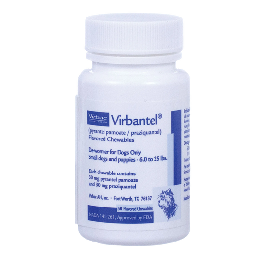 Virbantel® Flavored Chewables,"White plastic bottle with blue label, front view"