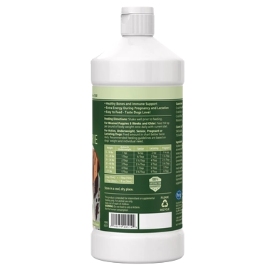 Dyne® Supplement for Dogs and Puppies,"Back view of bottle with green label and white cap"