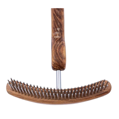 Aaronco Rake Superior Undercoat'r,"Curved wooden pet rake with metal pins and wood handle"