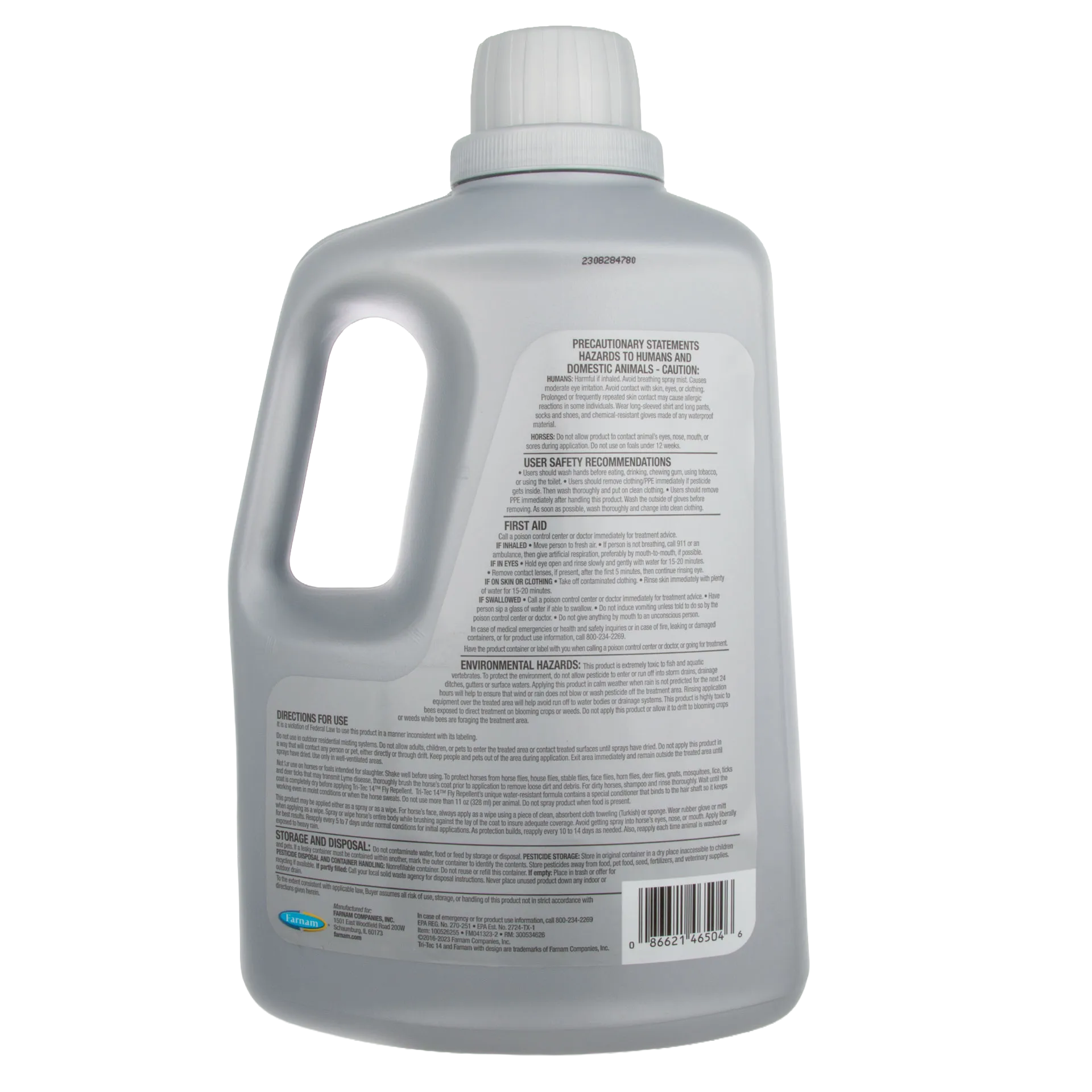 Tri Tec 14™ Fly Repellent + TS,"Back view of gray jug with handle and white cap"